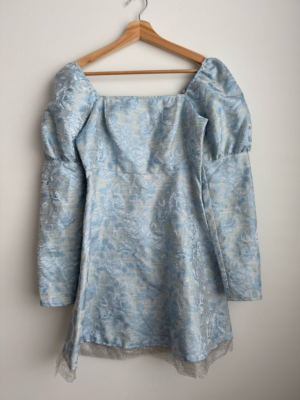 ASOS Miss Selfridge Jacquard Puff Sleeve Mini Dress Blue